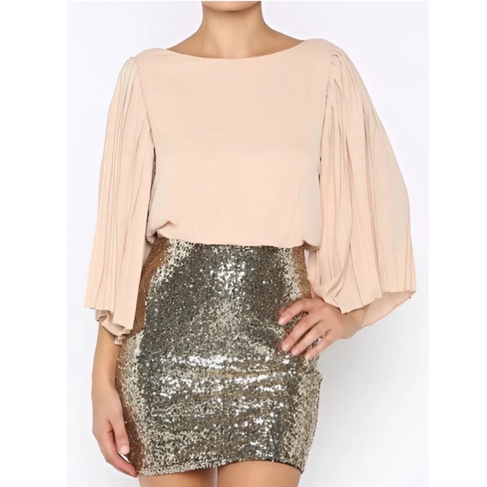 Nude Pleated Sleeve Mini Dress with Metallic Sequin Skirt